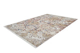 The Global Getaway - Washable Rug - JR1667 (Custom Size) is a rectangular flat weave rug with a distressed cream and beige pattern, accented by red, blue, and yellow. It has a low profile and fringed edges on the shorter sides.