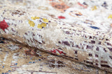 A close-up of the Global Getaway - Washable Rug - JR1667 (Custom Size) shows its cream and beige flat weave with red, yellow, and brown accents, featuring a soft texture, washable material, and intricate woven design.