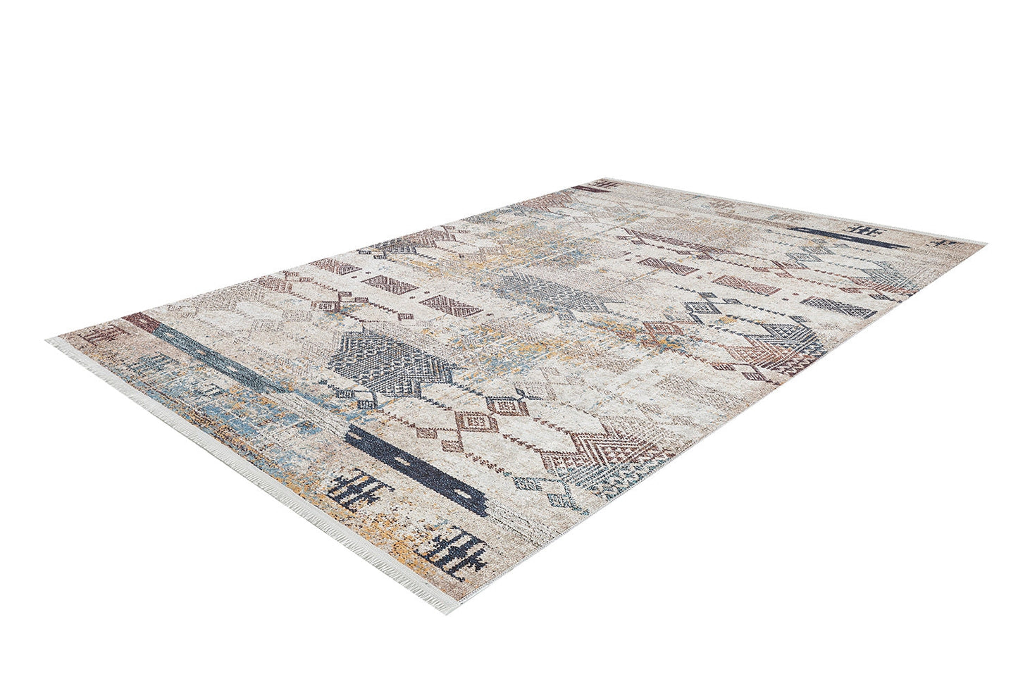 The Global Glamour - Washable Rug - JR1708 (Custom Size) features geometric patterns in muted blues, beige, brown, and cream—durable design for high-traffic areas and stylish enough to enhance any space.