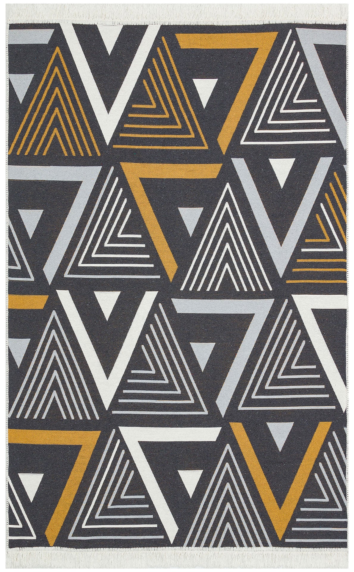 The Golden Fog - Washable Reversible Kilims - AR18 features interlocking geometric triangles in black, gray, white, and mustard yellow, with nested triangle lines on both sides.