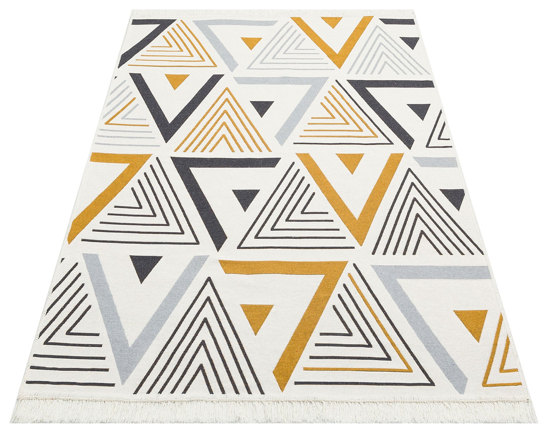 The Golden Fog - Washable Double-Sided Kilims - AR18 is a rectangular recycled cotton rug featuring abstract yellow, black, and gray geometric patterns with lines on a white background and fringes along the shorter edges.