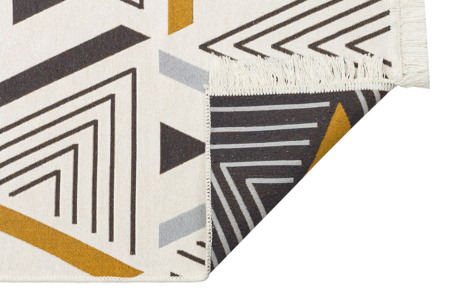 Golden Fog - Washable Double-Sided Kilims - AR18 features black, gold, and gray geometric patterns on a cream background. Made from recycled cotton, this fringed rug is double-sided and machine washable.