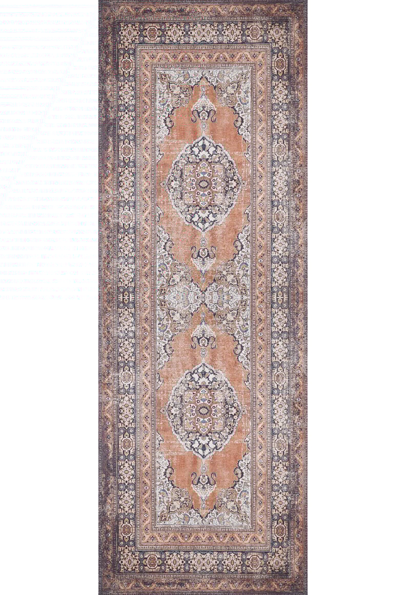 The Golden Legacy - Washable Rug - JR1931 is a rectangular Persian-style rug with a central medallion, ornate floral and geometric patterns in peach, cream, gray, and blue. Durable for high-traffic areas and easy to clean.
