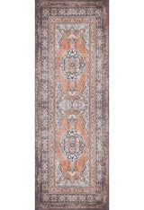 The Golden Legacy - Washable Rug - JR1931 is a rectangular Persian-style rug with a central medallion, ornate floral and geometric patterns in peach, cream, gray, and blue. Durable for high-traffic areas and easy to clean.