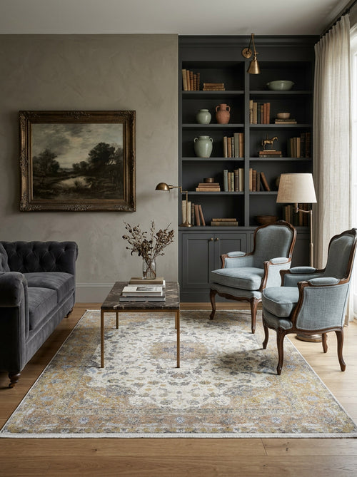 Load image 1 in gallery view. Elegant living room with a gray sofa, two blue armchairs, the Golden Oasis - Washable Rug - JR1930 ideal for high-traffic areas, a marble coffee table, built-in bookshelves with books and vases, a landscape painting, and soft natural light from a window.