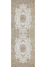 The Golden Oasis - Washable Rug - JR1930 features two large central medallions with intricate, symmetrical floral patterns in beige, cream, gray, and gold, plus ornate borders—perfect for high-traffic spaces.