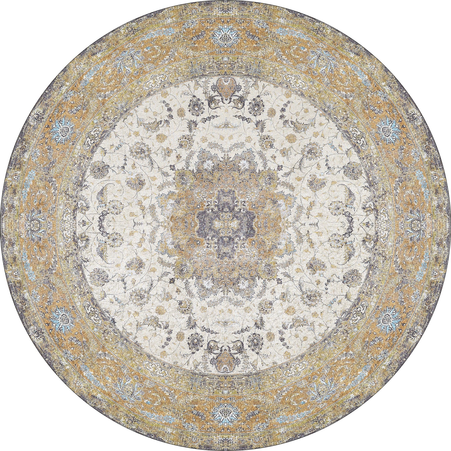 The Golden Oasis - Washable Rug - JR1930 features a gold, gray, and ivory medallion floral pattern with an ornate border. Its round, easy-care design is perfect for allergy-sensitive homes and high-traffic areas.