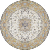 The Golden Oasis - Washable Rug - JR1930 features a gold, gray, and ivory medallion floral pattern with an ornate border. Its round, easy-care design is perfect for allergy-sensitive homes and high-traffic areas.