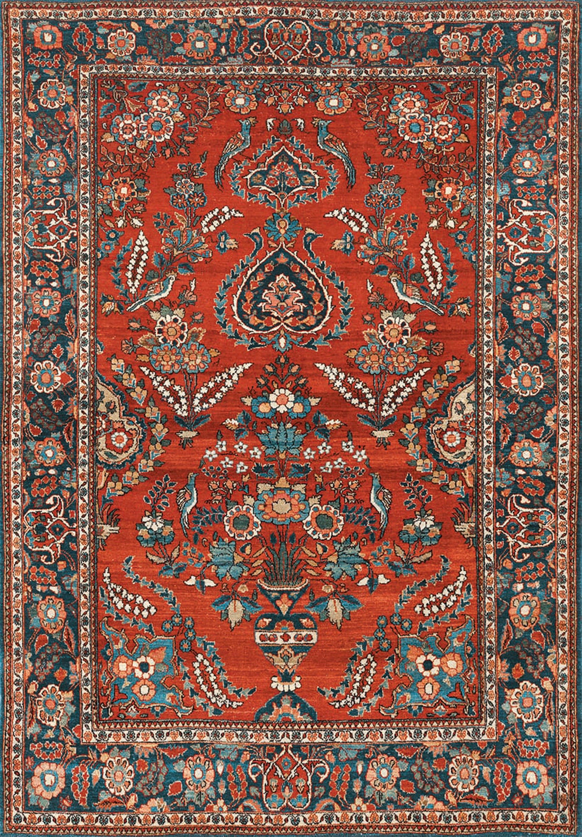 The Golden Scrolls - Washable Rug (JRN1005) showcases intricate floral and vine motifs on a rich red backdrop, accented with blue, cream, and green, and finished with a detailed decorative border.