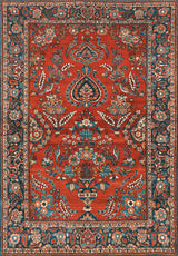 The Golden Scrolls - Washable Rug (JRN1005) showcases intricate floral and vine motifs on a rich red backdrop, accented with blue, cream, and green, and finished with a detailed decorative border.