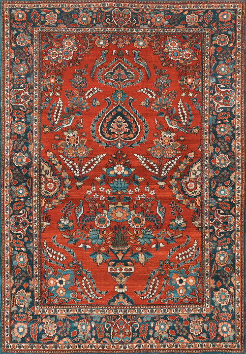 Load image 1 in gallery view. The Golden Scrolls - Washable Rug (JRN1005) showcases intricate floral and vine motifs on a rich red backdrop, accented with blue, cream, and green, and finished with a detailed decorative border.