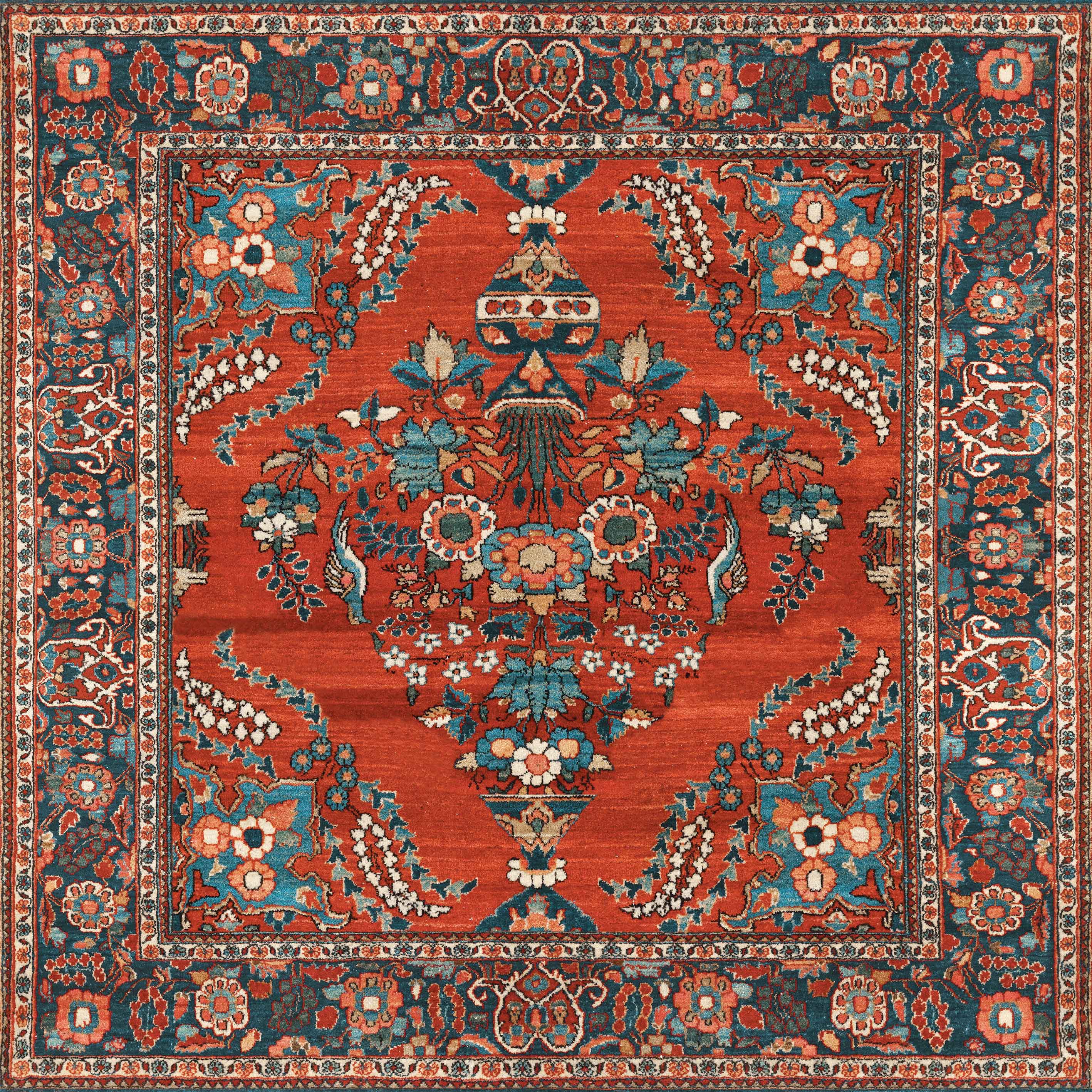 Golden Scrolls - Washable Rug - JRN1005: Square red area rug with ornate blue, ivory, and green floral patterns and a detailed border. Features a symmetrical central vase with intricate flower motifs on a rich red background.