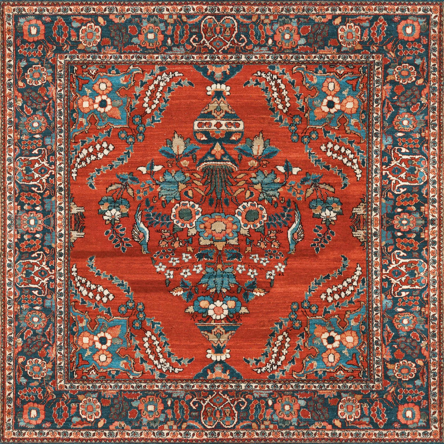 Golden Scrolls - Washable Rug - JRN1005: Square red area rug with ornate blue, ivory, and green floral patterns and a detailed border. Features a symmetrical central vase with intricate flower motifs on a rich red background.
