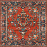 Golden Scrolls - Washable Rug - JRN1005: Square red area rug with ornate blue, ivory, and green floral patterns and a detailed border. Features a symmetrical central vase with intricate flower motifs on a rich red background.