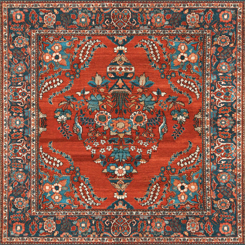 Load image 1 in gallery view. Golden Scrolls - Washable Rug - JRN1005: Square red area rug with ornate blue, ivory, and green floral patterns and a detailed border. Features a symmetrical central vase with intricate flower motifs on a rich red background.