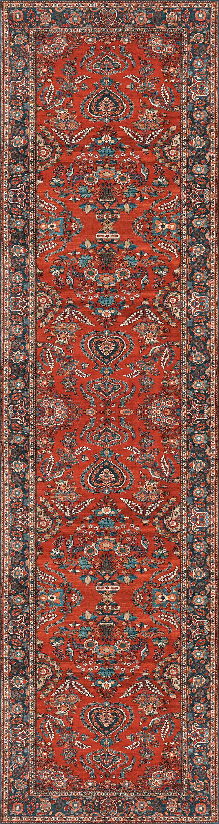 The Golden Scrolls - Washable Rug - JRN1005 features a vibrant red background with intricate floral and geometric patterns in blue, ivory, green, and black, plus a detailed multicolored border—an eye-catching oriental rug for any room.