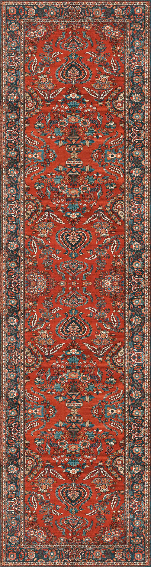 Load image 1 in gallery view. The Golden Scrolls - Washable Rug - JRN1005 features a vibrant red background with intricate floral and geometric patterns in blue, ivory, green, and black, plus a detailed multicolored border—an eye-catching oriental rug for any room.