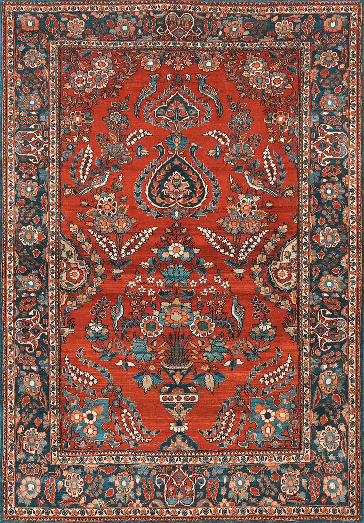 The Golden Scrolls - Washable Rug - JRN1005 (Custom Size) features a red background with intricate blue, teal, cream, and gold floral and vine motifs, plus a detailed border of repeating flower and leaf designs.