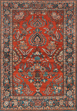 The Golden Scrolls - Washable Rug - JRN1005 (Custom Size) features a red background with intricate blue, teal, cream, and gold floral and vine motifs, plus a detailed border of repeating flower and leaf designs.