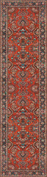 The Golden Scrolls - Washable Rug - JRN1005 (Custom Size) features a rectangular, traditional Oriental design with a vivid red background, ornate blue, beige, and black floral and vine motifs, and a dark decorative border.
