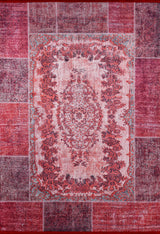 The Golden Wonder - Washable Rug - JR306 (Custom Size) is a rectangular, vintage-style red rug with a red and purple patchwork border and intricate floral patterns—ideal for high-traffic areas.