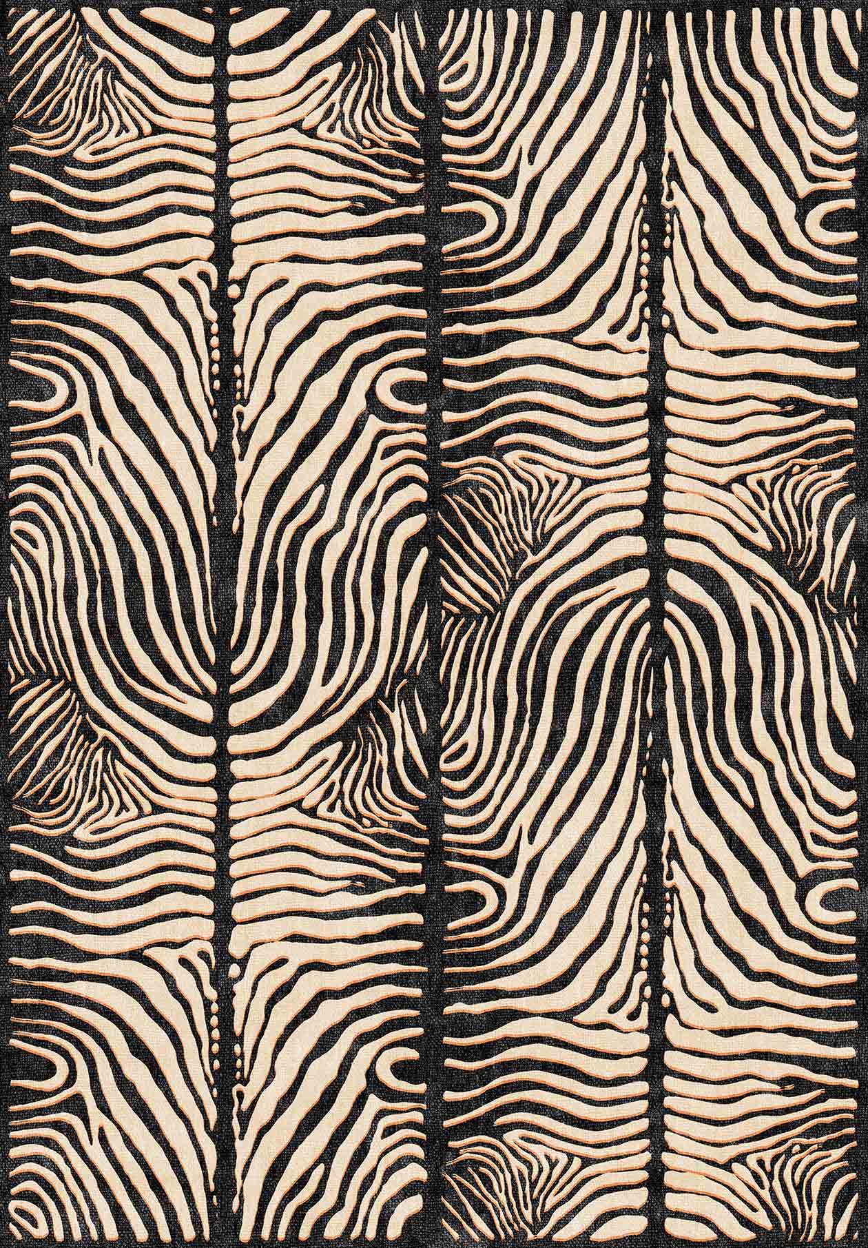 Gossamer Fade - Washable Rug - JRN44 features a black and cream zebra-inspired pattern with wavy, mirrored lines in vertical panels, offering a modern look that’s both striking and versatile. Available in custom sizes.