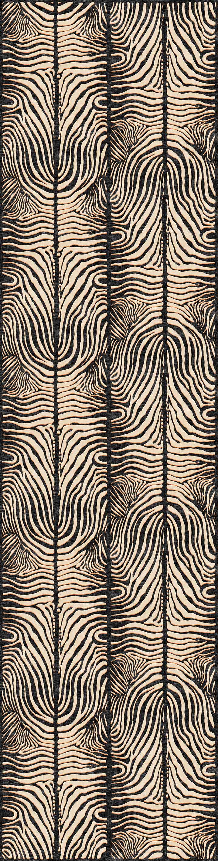 The Gossamer Fade - Washable Rug - JRN44 (Custom Size) features a bold, symmetrical animal print with black and beige zebra stripes in vertical columns—perfect for adding modern style to any room.