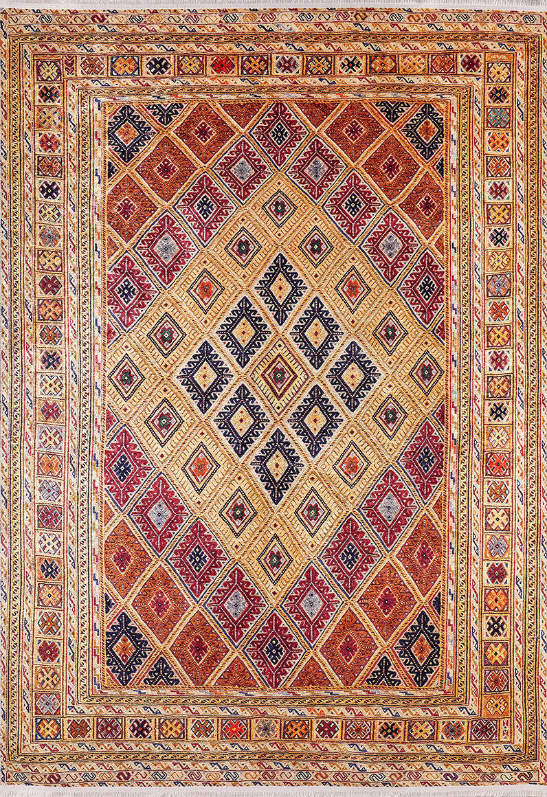 The Grandiose Grace - Washable Rug - JR44 (Custom Size) features a geometric diamond pattern in red, yellow, and blue with intricate motifs and decorative borders—perfect for high-traffic areas.