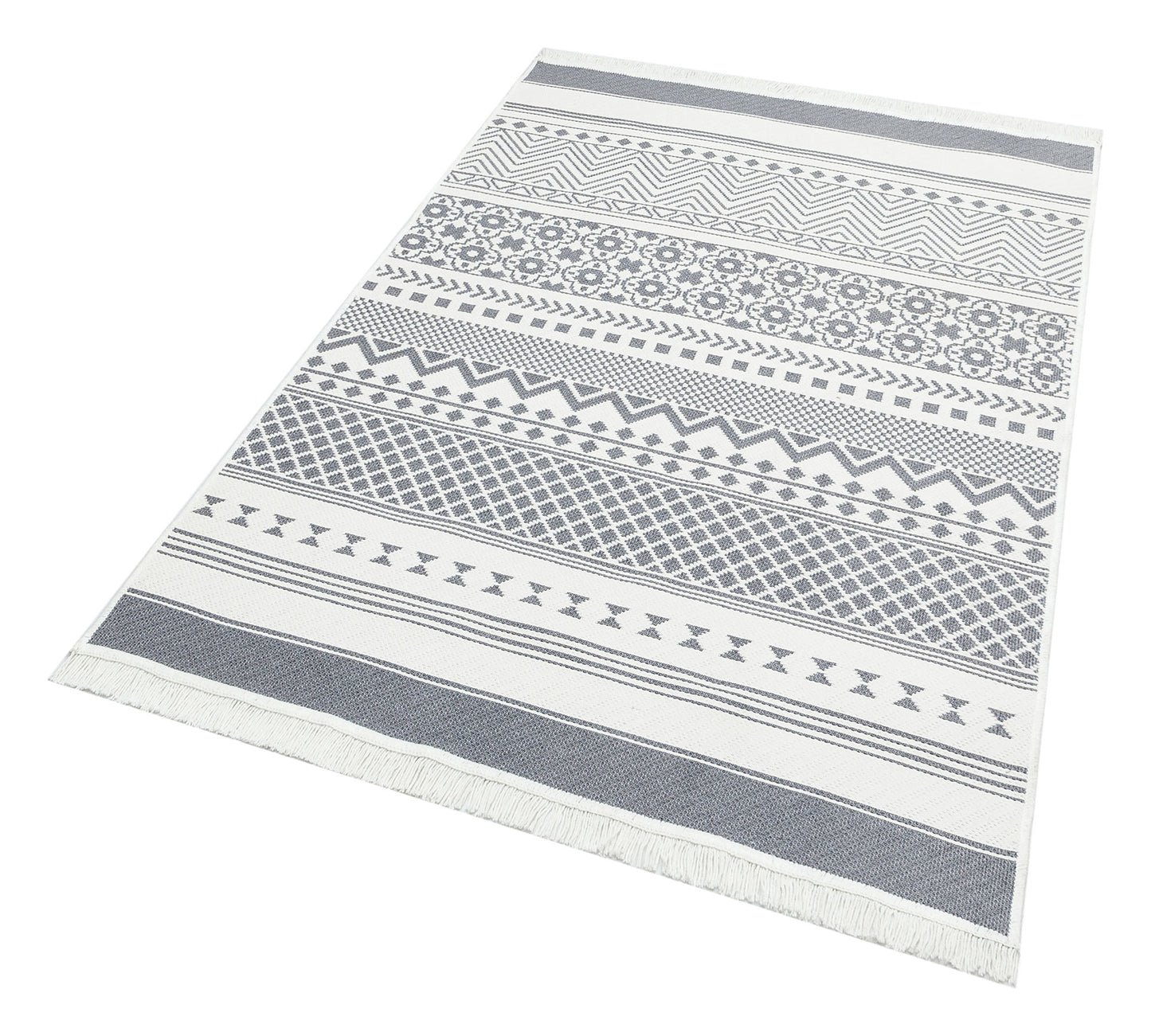 Grey Drift - Washable Reversible Kilims - AR07 is a rectangular flatwoven rug with white and grey geometric patterns—stripes, triangles, diamonds, and circles—and fringed short edges, offering a modern tribal look in a washable kilim style.