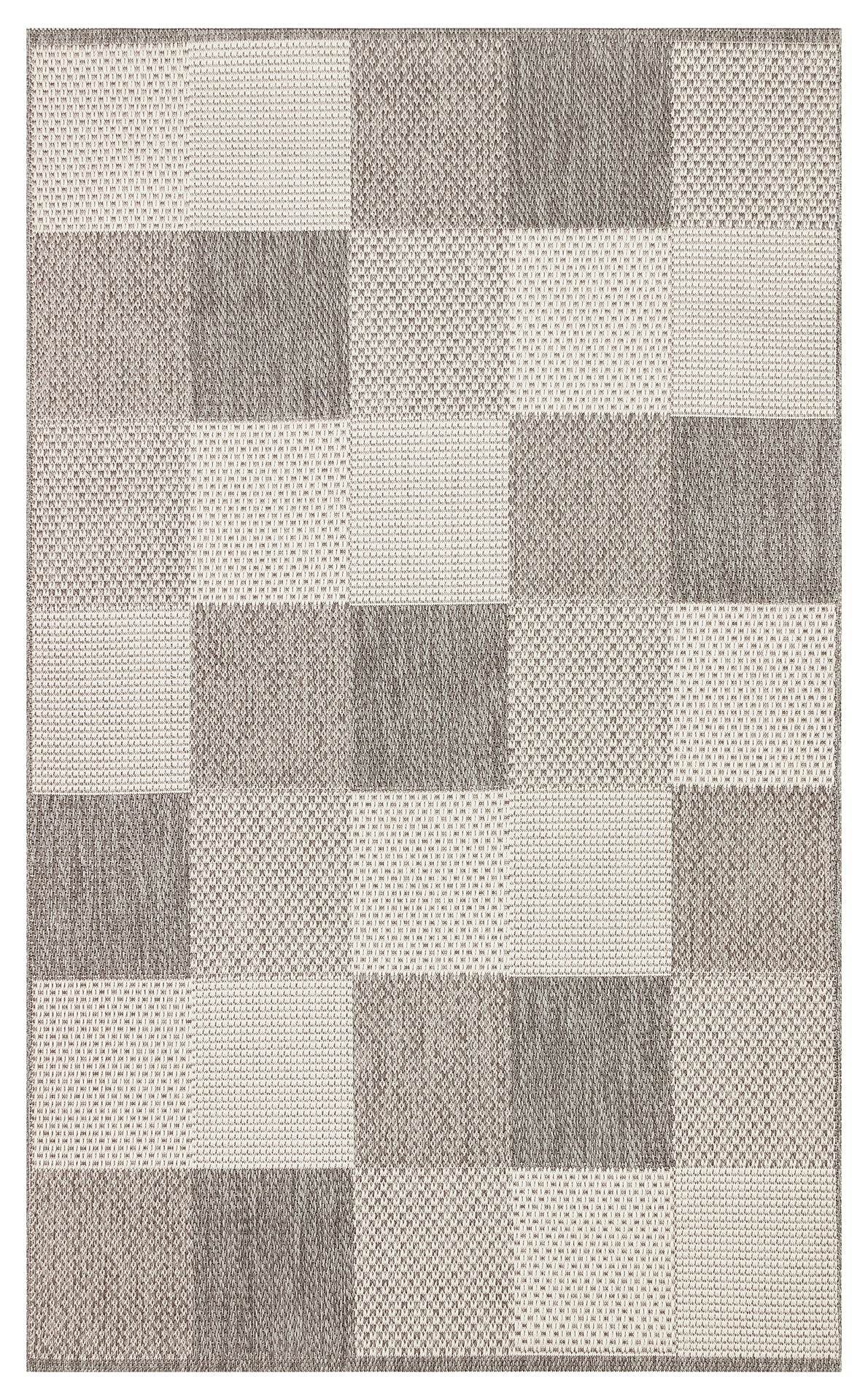 The Grey Fold - Kilim - MNO01 is a modern rectangular flatwoven polyester rug with a patchwork of alternating light and dark beige squares, each showcasing unique woven textures and subtle geometric designs.