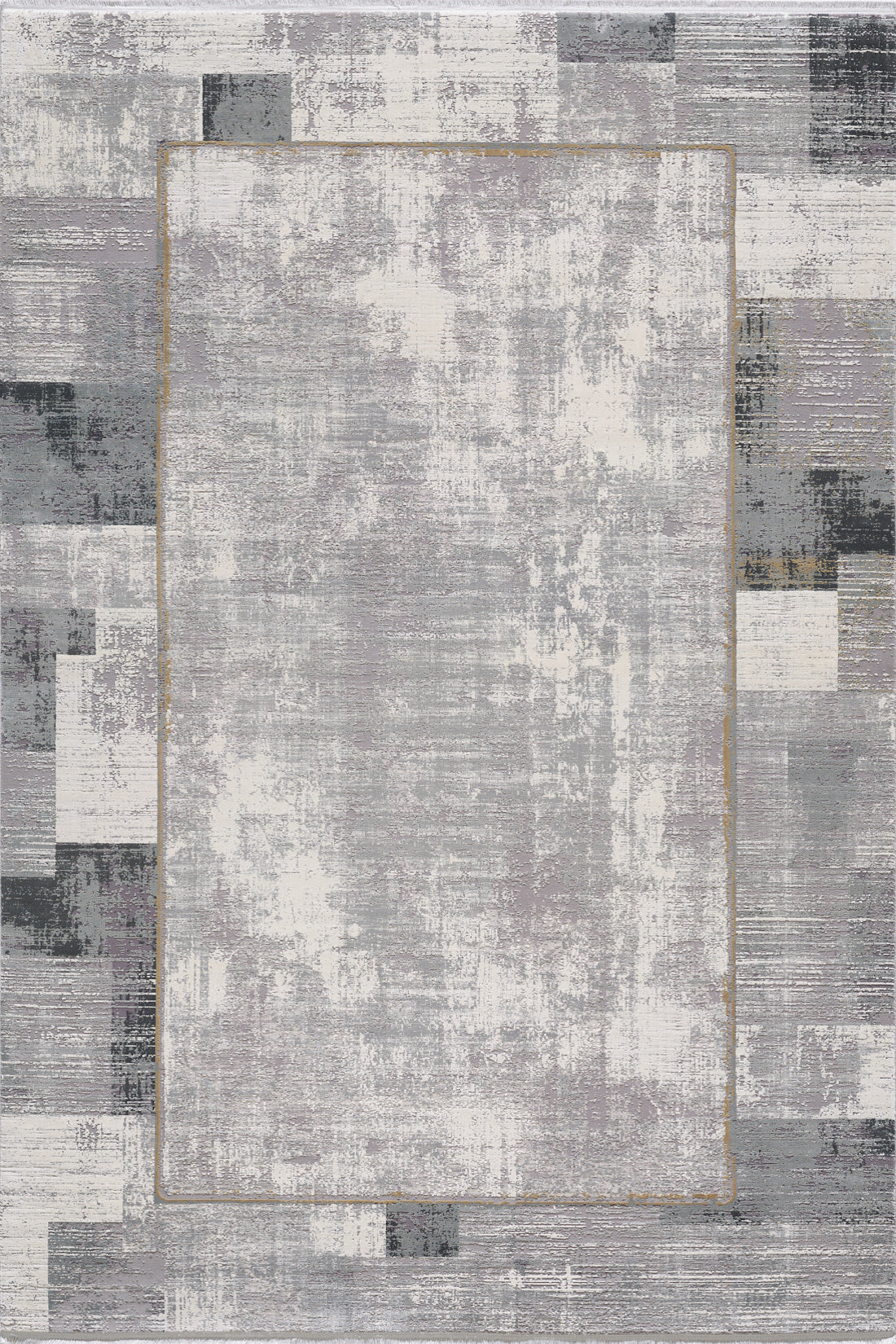 The GridWave Silver Premium Rug - M426A is a modern machine-made piece with a distressed abstract patchwork in shades of gray, white, and black, highlighted by a subtle golden rectangle near the center.