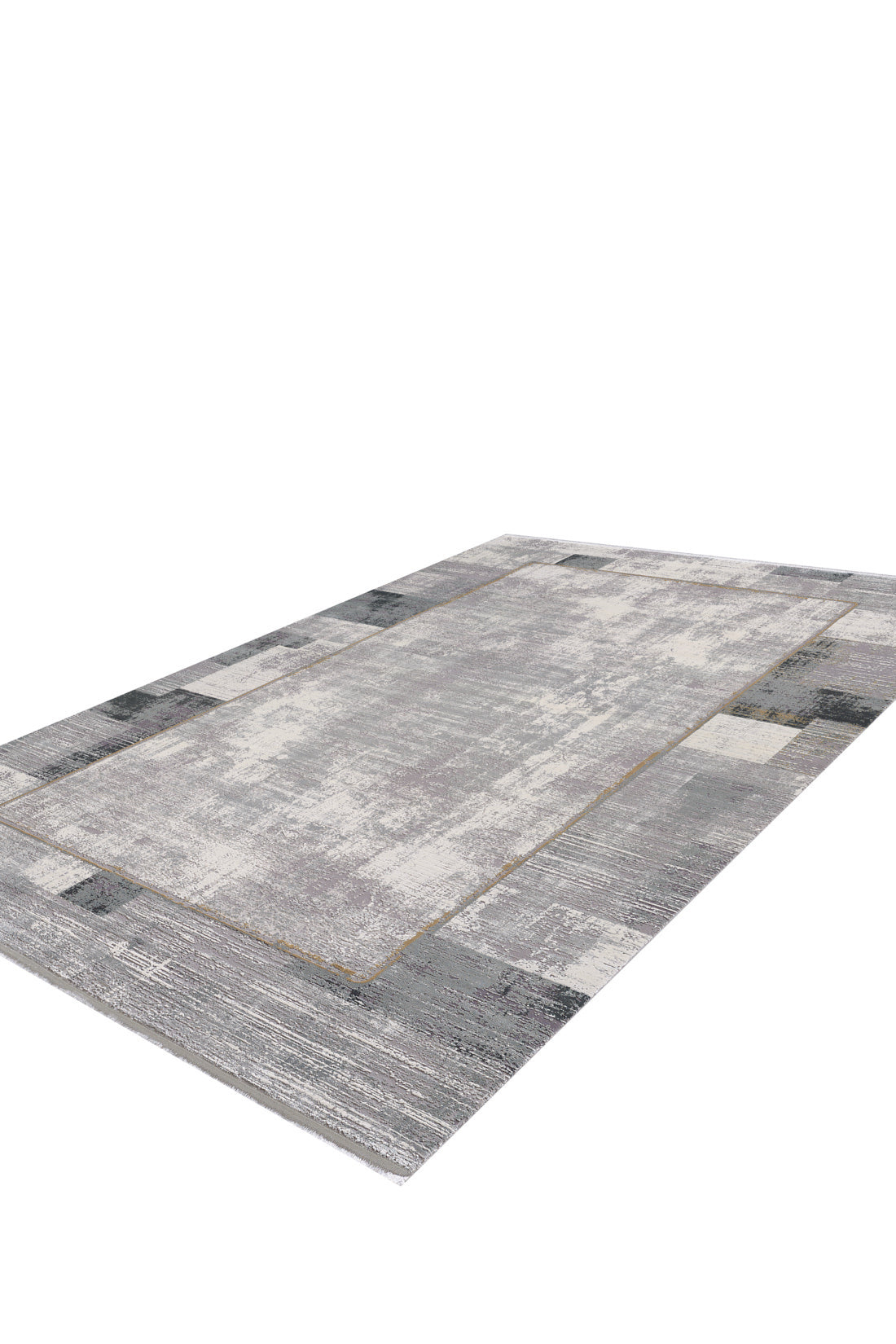 The GridWave Silver Premium Rug - M426A is a rectangular, machine-made rug with a minimalist gray distressed pattern, lighter and darker blocks, and a subtle border. Modern in style, it's shown on a white background.