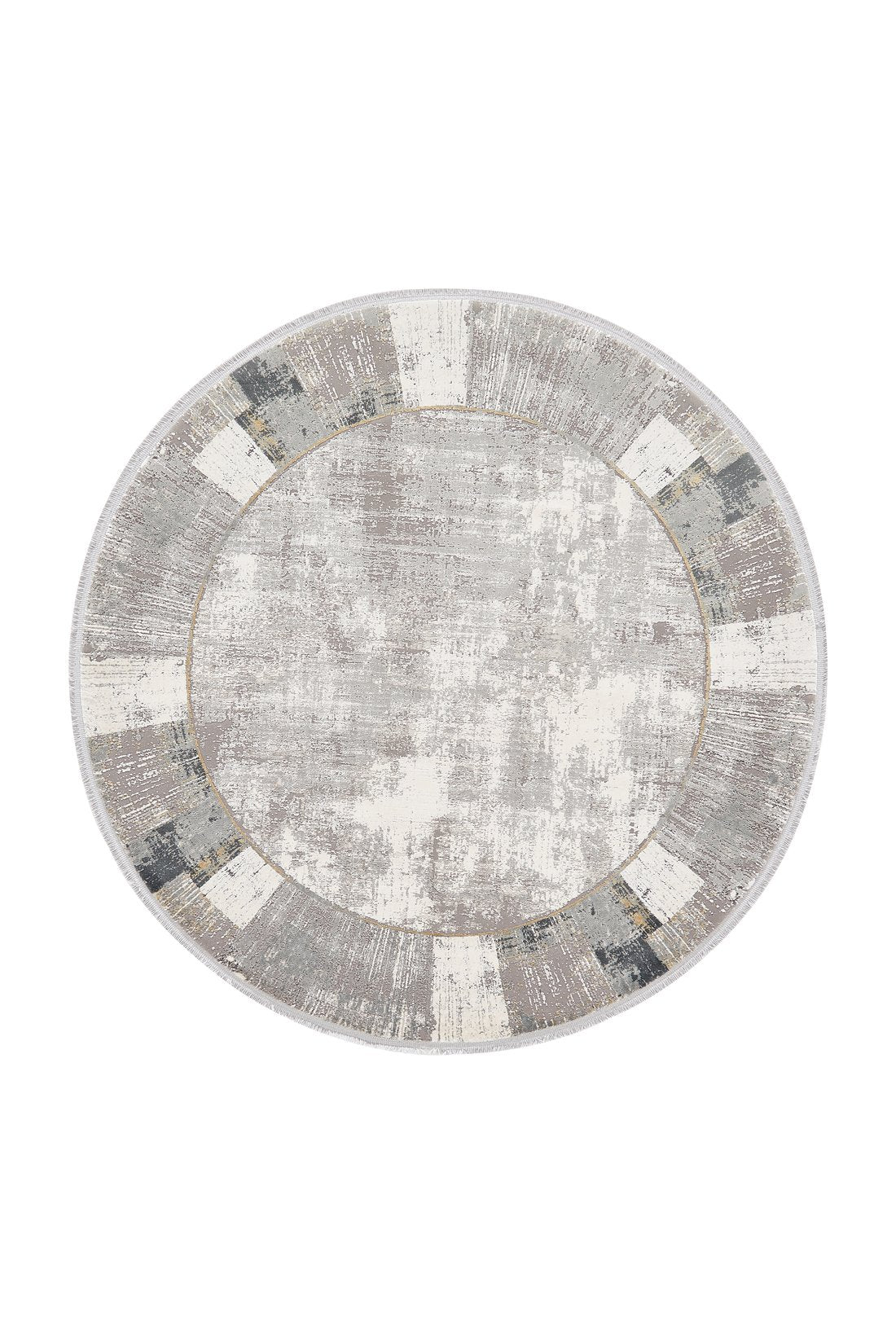 The GridWave Silver Premium Rug - M426A is a round, machine-made rug featuring a distressed gray and beige textured pattern with a modern, vintage-inspired border—ideal for minimalist spaces.