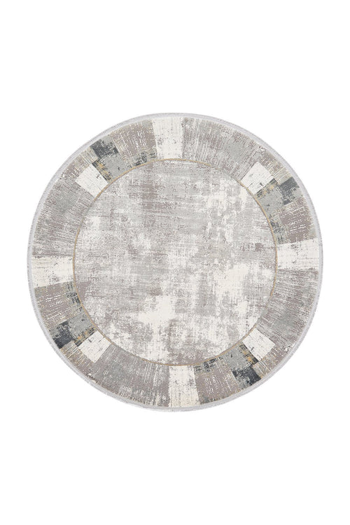 Load image 1 in gallery view. The GridWave Silver Premium Rug - M426A is a round, machine-made rug featuring a distressed gray and beige textured pattern with a modern, vintage-inspired border—ideal for minimalist spaces.