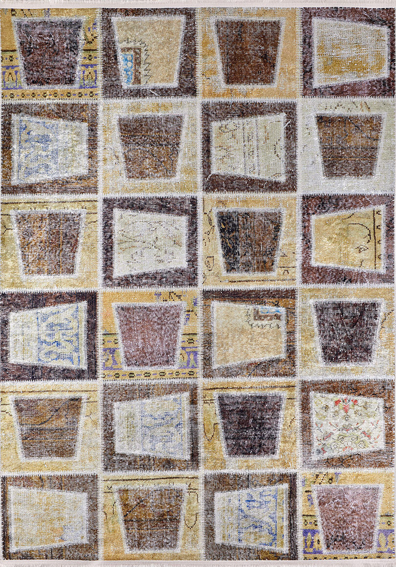 The Gridiron Glow - Washable Rug - JR183 (Custom Size) features a grid of 20 rectangles with plant-pot motifs, made from various patterned and textured fabrics in earthy bronze and brown tones—perfect for high-traffic spaces.