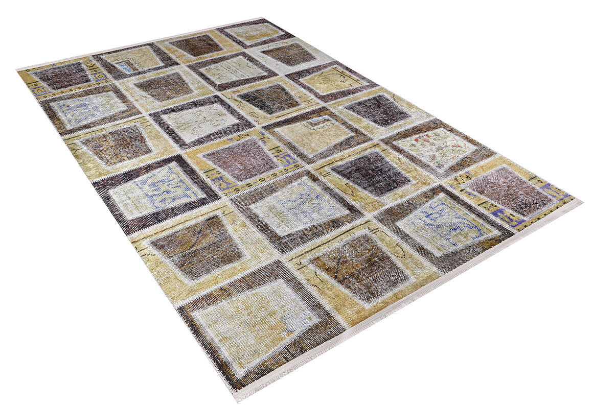 The Gridiron Glow - Washable Rug - JR183 (Custom Size) features a rectangular patchwork design in brown, beige, and cream shades—ideal for high-traffic areas and pairs well with bronze or brown rugs on white backgrounds.
