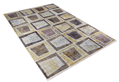 Load image 1 in gallery view. The Gridiron Glow - Washable Rug - JR183 (Custom Size) features a rectangular patchwork design in brown, beige, and cream shades—ideal for high-traffic areas and pairs well with bronze or brown rugs on white backgrounds.