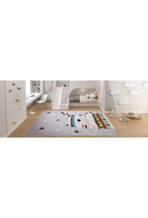 Load image 1 in gallery view. A children’s bedroom with a bunk bed, small desk, climbing wall, and the Groovy Bear - Machine-Washable Rug JRC093, featuring a cute cartoon bear in a colorful headband—perfect for high-traffic areas. Cloud wall decals and plush toys complete the playful decor.