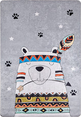 The Groovy Bear - Machine-Washable Rug JRC093 (Custom Size) features a cartoon bear with closed eyes, colorful feathered headband, tribal patterns on gray-anthracite, plus black paw prints and white stars. Washable and playful!.