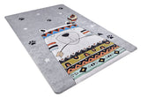 The Groovy Bear - Machine-Washable Rug JRC093 (Custom Size) is a rectangular gray-anthracite rug with a colorful cartoon bear, tribal patterns, feathered headband, paw prints, and white stars—ideal for lively spaces.