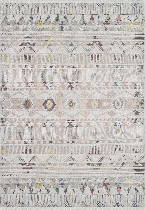 Load image 1 in gallery view. The Gypsy Glam - Washable Rug - JR1716 (Custom Size) features a light neutral background with geometric diamond patterns in muted red, yellow, blue, and green—perfect for adding style to any cream and beige rug collection.