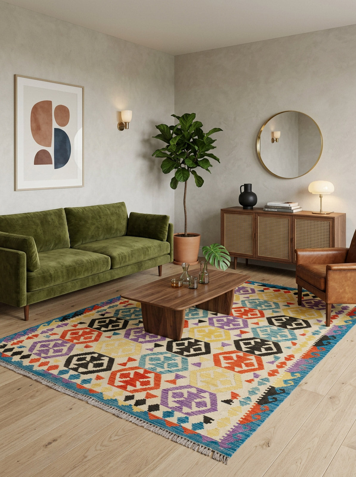 A modern living room with a green sofa, brown armchair, wooden coffee table, large plant, round mirror, sideboard, abstract wall art, light wood flooring, and the Handcrafted Story - Handwoven Kilim for an added layer of texture and charm.