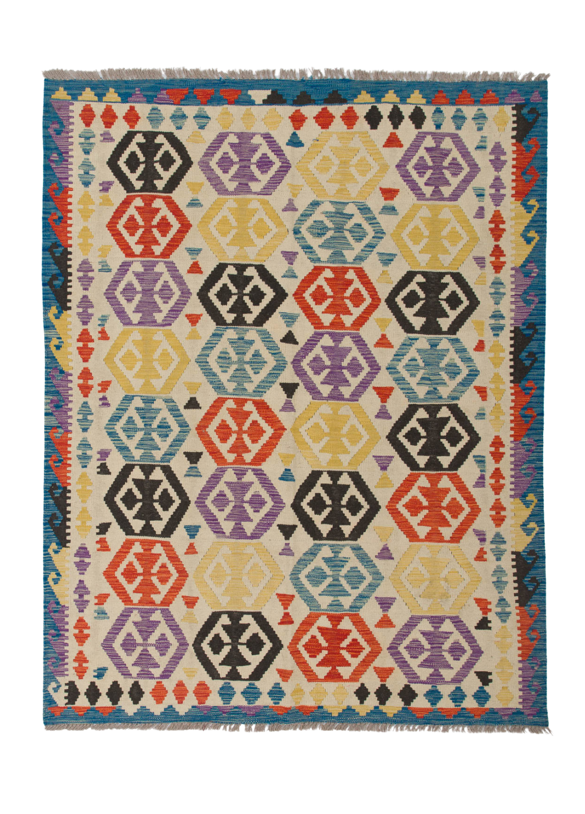 The Handcrafted Story - Handwoven Kilim is a vibrant flatweave rug with geometric hexagons in red, yellow, blue, purple, and black on a light base. Its border features classic blue, red, and black zigzag patterns typical of kilims.