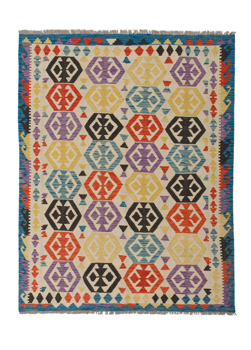 Load image 1 in gallery view. The Handcrafted Story - Handwoven Kilim is a vibrant flatweave rug with geometric hexagons in red, yellow, blue, purple, and black on a light base. Its border features classic blue, red, and black zigzag patterns typical of kilims.