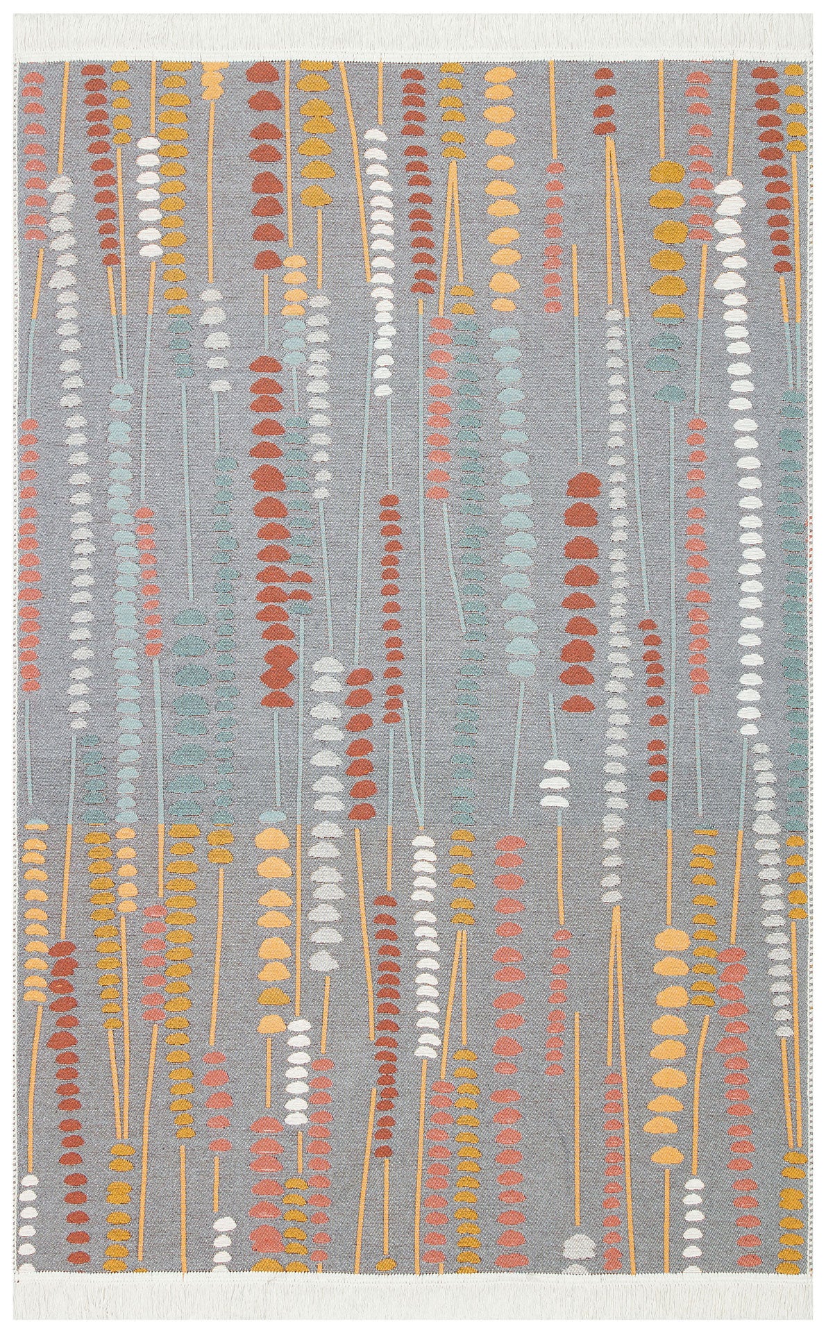 The Harmony Weave - Washable Double-Sided Kilims - AR34 is a rectangular gray recycled cotton rug with vertical rows of abstract orange, yellow, white, and blue shapes, resembling modern stylized flower stems or seeds.