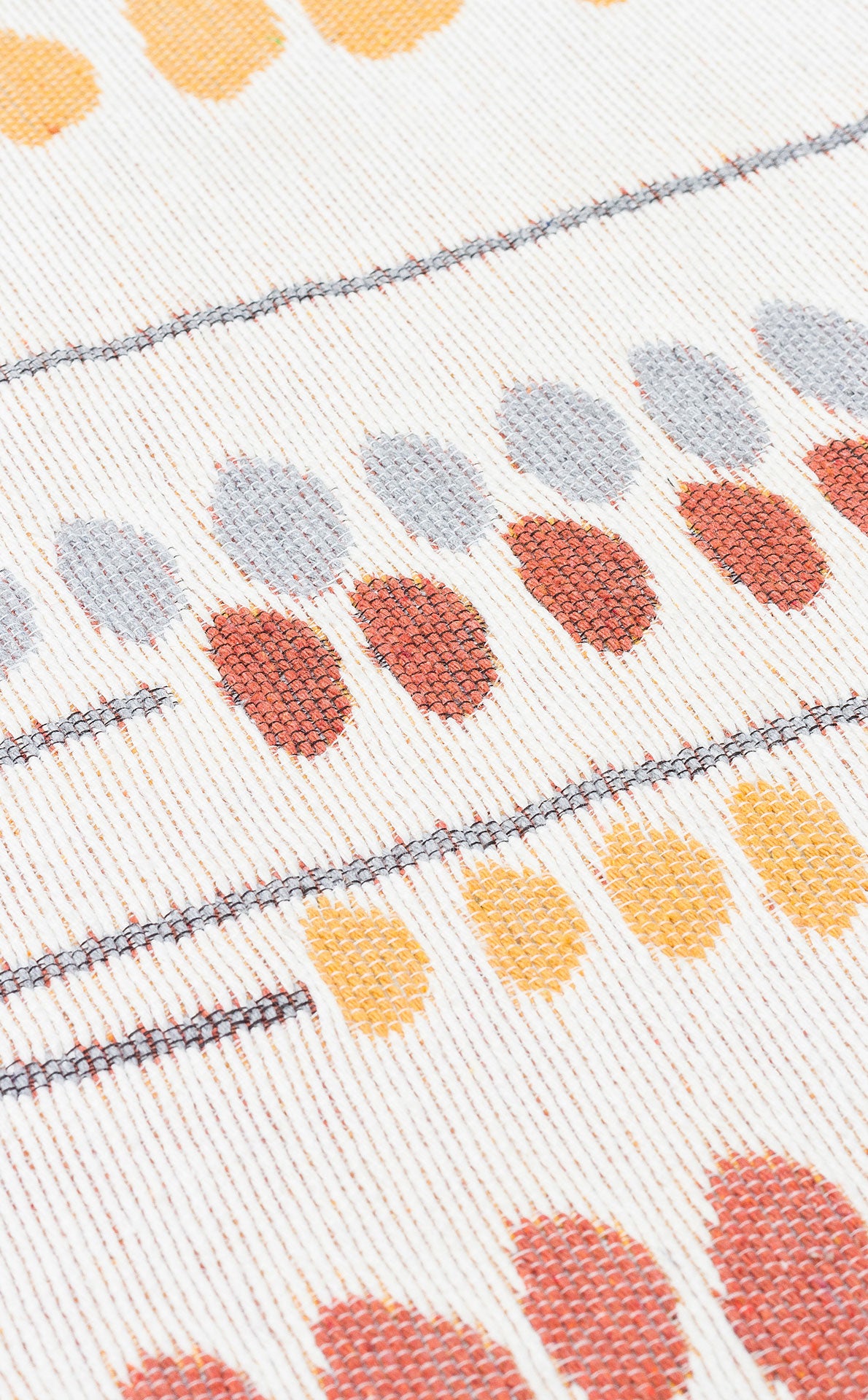 Close-up of the Harmony Weave - Washable Double-Sided Kilims - AR34 rug, made from recycled cotton. It displays rows of yellow, gray, and reddish-brown ovals on white, separated by thin dark lines.