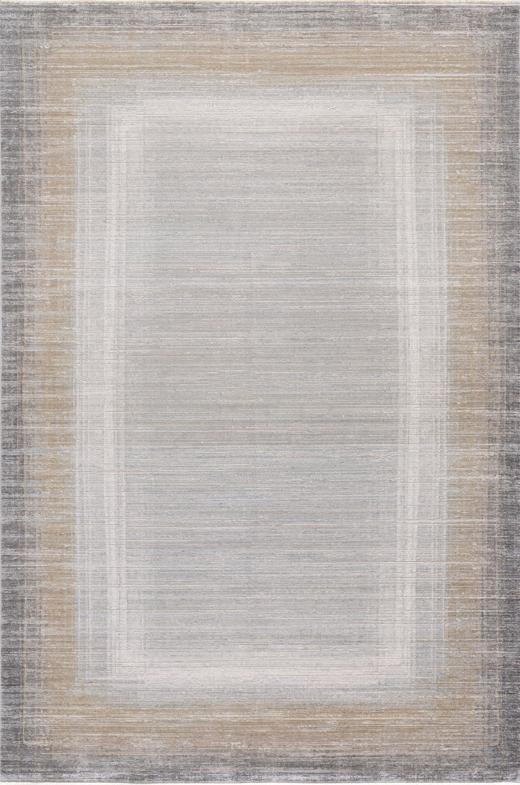 The Harmony in Contours Modern Bordered Rug - EW5743 is a minimalist, machine-made rug with a gradient design that shifts from light gray in the center to dark gray and beige at the edges, creating a soft, neutral-toned border.