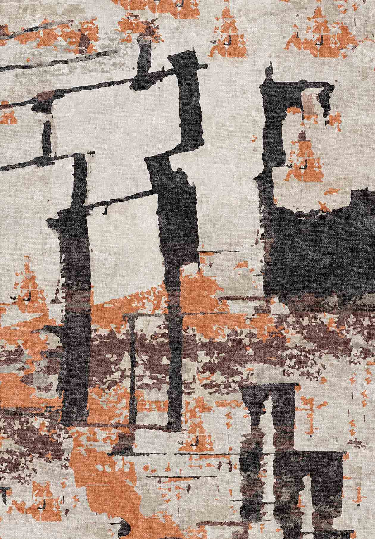 The Heirloom Touch - Washable Rug - JRN42 features abstract black, orange, and beige shapes with textured brushstrokes, creating a modern flat weave design ideal as an accent for contemporary interiors.