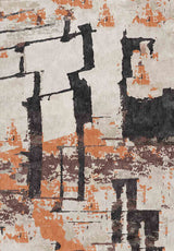 The Heirloom Touch - Washable Rug - JRN42 features abstract black, orange, and beige shapes with textured brushstrokes, creating a modern flat weave design ideal as an accent for contemporary interiors.