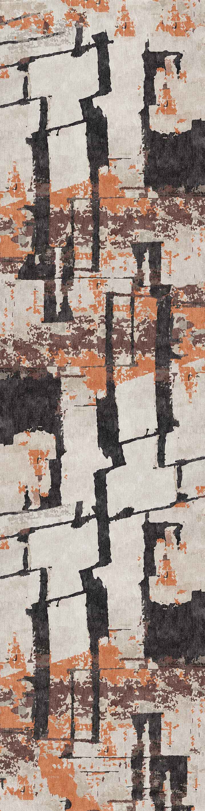 The Heirloom Touch - Washable Rug - JRN42 features an abstract pattern of irregular black, rust-orange, and beige shapes with a distressed look—ideal as a modern, versatile flat weave rug for contemporary interiors.